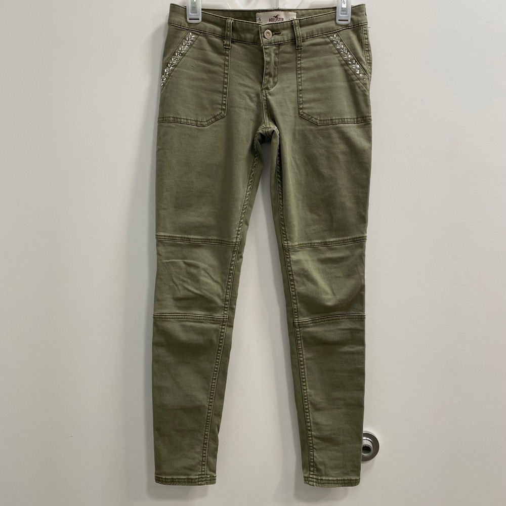 Hollister Jeans Womens 27 Olive Green Skinny Utility Rhinestone Embellished Y2K